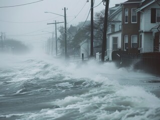 Damage from a severe storm in a coastal town with overturned vehicles and debris scattered across a flooded street