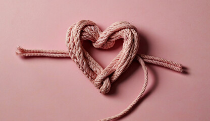 A pink braided rope is artfully shaped into a heart, set against a matching pink background. The heart is intricately woven, symbolizing love and connection.