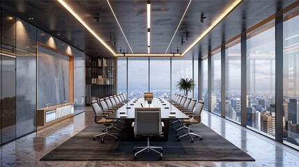 Modern conference room interior with city view