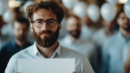 A serious-looking man with a beard and glasses is holding a blank sign at chest level, focusing on drawing attention to the sign with an air of determination and purpose.