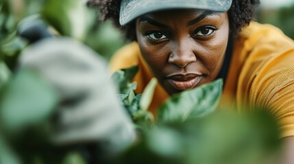 A woman wearing yellow gloves is intensely focused as she inspects the green plants around her. The image highlights her careful and detail-oriented approach to her task.