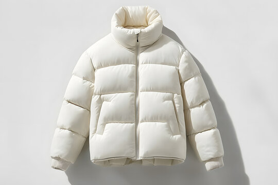 Stylish white warm down jacket mock up isolated on white background. Winter fashion
 - Powered by Adobe