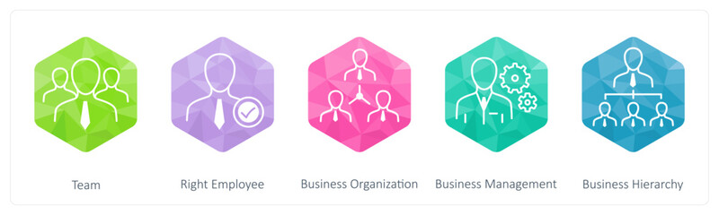 A set of 5 Business icons as team, right employee, business organization