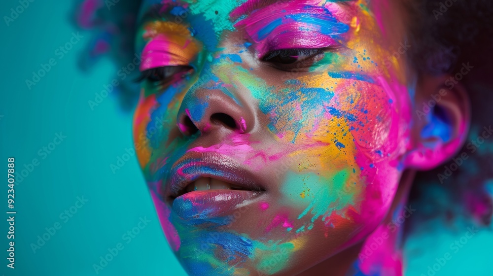 Poster close-up of face with vibrant abstract paint in colorful portrait