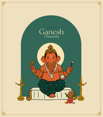 Ganesh Chaturthi Calligraphy with Ganesha Vector illustration, minimal invitation card, social media post design template 