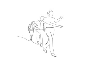 people nature hiking together group outside backpacking lifestyle one line art design vector