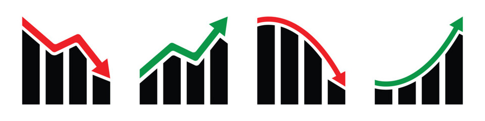business growth chart with arrow, growing graph icon set. simple increase and decrease bar symbol. transparent png and vector illustration.