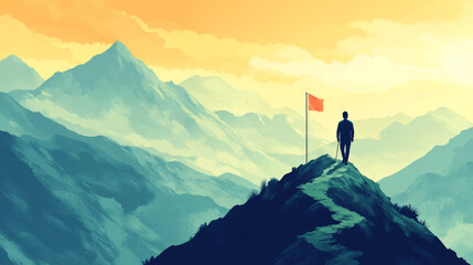 A businessman treks up a mountain path, aiming for the summit marked by a flag. This illustrates a professional's growth journey, where he navigates challenges and strives for success.
