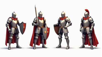 Four Medieval Knights in Armor Illustration with Shields and Swords, Red Capes