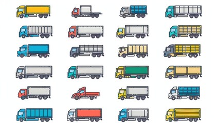 Various truck designs in different colors and configurations displayed in a grid layout