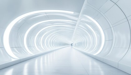 Futuristic white tunnel with glowing circular lights in a modern architectural space