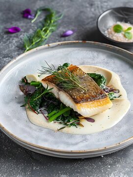 Plate with zander filet served with greens and sauce