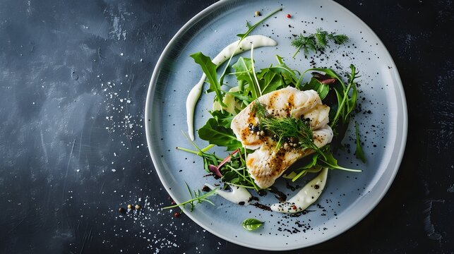 Plate with zander filet served with greens and sauce