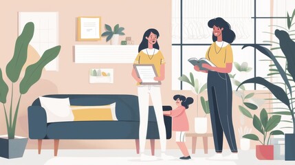 A woman reads while another stands with a tablet, as a child explores nearby in a vibrant, plant-filled room