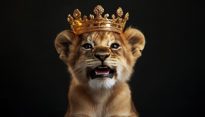 Young lion cub wearing a golden crown against a dark background