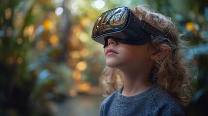 A child with curly hair immerses in a virtual nature experience using VR glasses, surrounded by vibrant greenery.