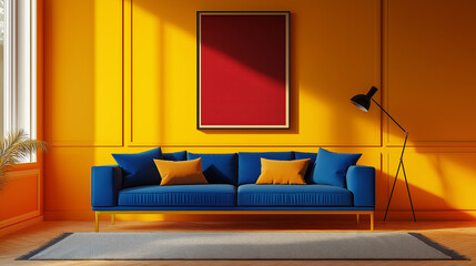 modern living room, A living room with colors, such as a deep blue sofa against mustard yellow...