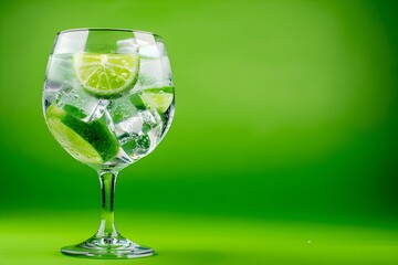 Refreshing gin tonic in a glass with ice on green background 