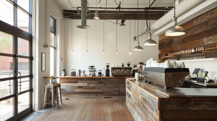 a coffee shop in the style of subtle minimalism, spot metering, machine aesthetics, eco-friendly craftsmanship 