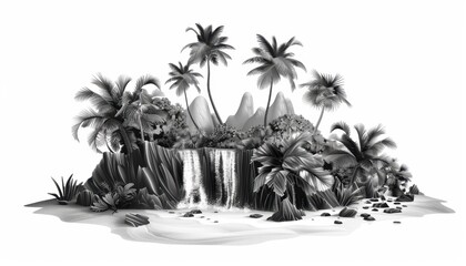 Tropical island landscape with waterfall and palm trees in black and white illustration