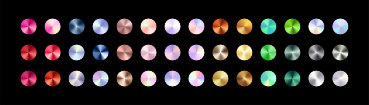 Metallic circle gradient color set. Colorful metal rose gold, chrome, bronze, silver, pearl, rainbow, green, blue swatches palette. Holographic conic gradient. Vector shiny multicolor background.