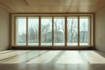 Obraz premium Room with large windows, empty room with minimalist model, room with wooden design, room, large windows, minimalism