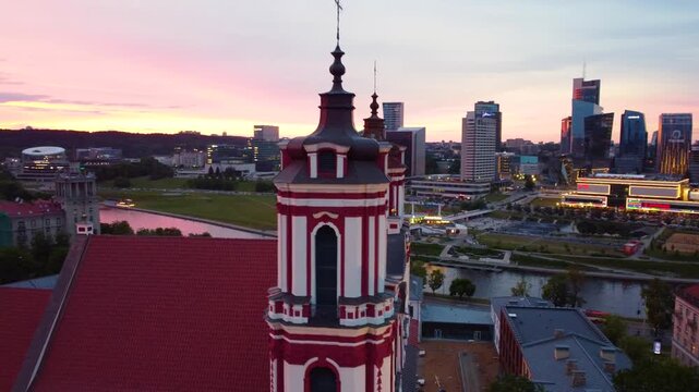 Church And Monastery Of Apostles St. Philip and St. Jacob In Vilnius, Lithuania. Aerial Close-up Shot