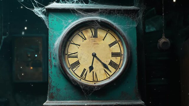 HD video of an Old creepy rustic grand father clock surrounded by cob webs, halloween, spooky, ghosts, eerie, haunted