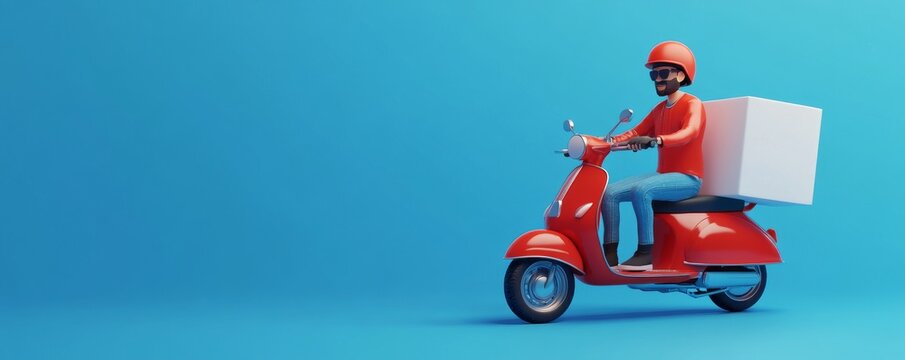 Pizza delivery guy on a red scooter wearing red safety helmet on a blue background