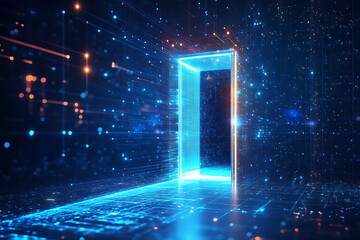 Abstract digital background banner featuring an open door with light streaming through