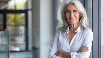 Fototapeta premium Confident businesswoman with crossed arms smiling in modern office, facing camera, embodying success in professional attire with sleek hairstyle.