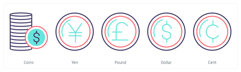 Obraz premium A set of 5 Business icons as coins, yen, pound