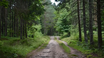 Obraz premium Lush green forest path surrounded by tall trees Dirt trail leading into woods Sunlight filtering through canopy Nature walk Outdoor adventure