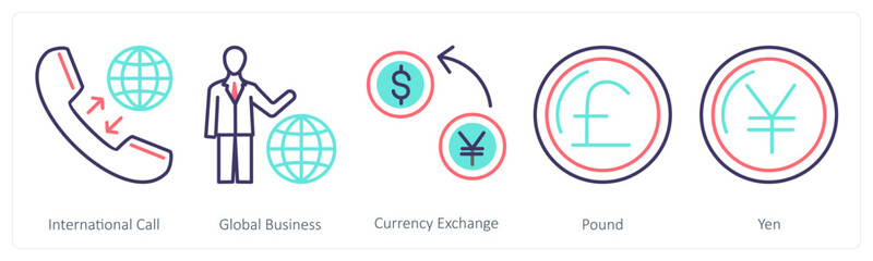 A set of 5 Business icons as international call, global business, currency exchange