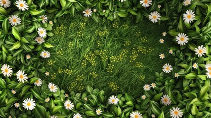 A lush green background with a variety of leaves and numerous white daisies with yellow centers creating a fresh and vibrant natural frame.