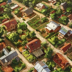 Fototapeta premium aerial shot of a neighborhood centered around a community space, connected, in a rural village, illustration