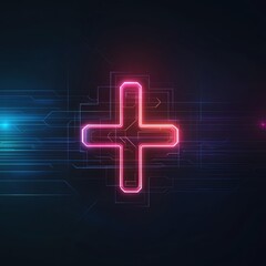 Obraz premium A vibrant neon plus sign illuminated against a dark background, symbolizing connectivity and technology in a digital world.