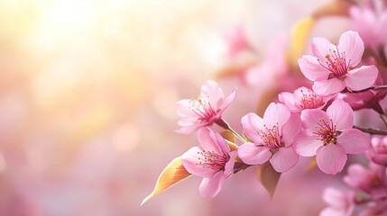 Beautiful nature spring background with a branch of blooming sakura. Sakura blossoming season. Generative ai