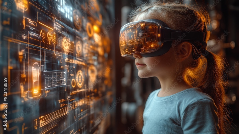 Poster a child wearing vr glasses engages with a digital interface, exploring a captivating virtual world f