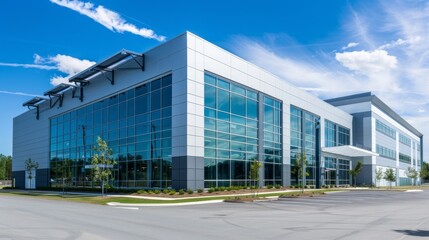 Obraz premium Modern building in aluminum siding and flat angled roofline and front windows.