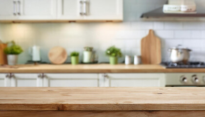 Fototapeta premium Background blurred of a beautiful and bright kitchen with wooden desk for objects
