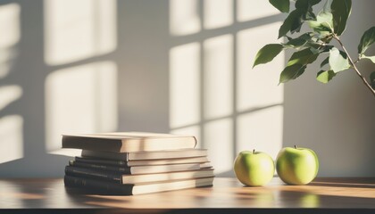Stacked books and green apples on a wooden table with sunlight casting shadows indoors