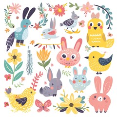 Spring and Easter collection of cute animals, flowers and decorations. Perfect for poster, card, scrapbooking , tag, invitation, sticker kit. Hand drawn vector illustration