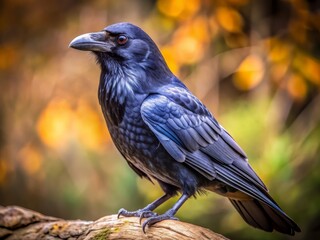 Naklejka premium Majestic crow perched on a isolated background, showcasing sharp black feathers, piercing eyes, and a strong beak, with intricate textures and detailed plumage visible.