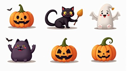 Fototapeta premium Halloween Cartoon Illustration Featuring Pumpkins, Black Cat, and Ghost with Bats - Perfect for Celebrations and Decorations