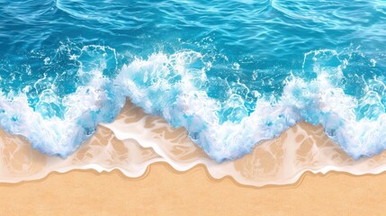 Fototapeta premium Ocean waves gently crashing onto a sandy beach, illustrating the serene interaction between sea and shore with clear aqua waters and pristine sand.