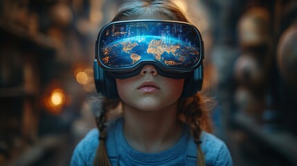 A child wearing VR glasses gazes intently, experiencing a vibrant virtual world filled with maps and cityscapes.