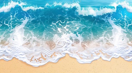 Fototapeta premium Aerial view of a clear blue sea with gentle waves crashing onto a sandy beach, showcasing the dynamic interaction between water and shore.