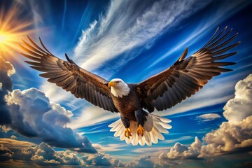 Majestic bald eagle spreads its wings, soaring high in the sky, against a stunning backdrop of vibrant blue and puffy white clouds, symbolizing freedom.