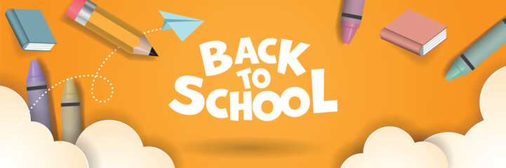 Back to school banner. Back to school text with school supplies such as pencil, crayon, books. Vector illustration